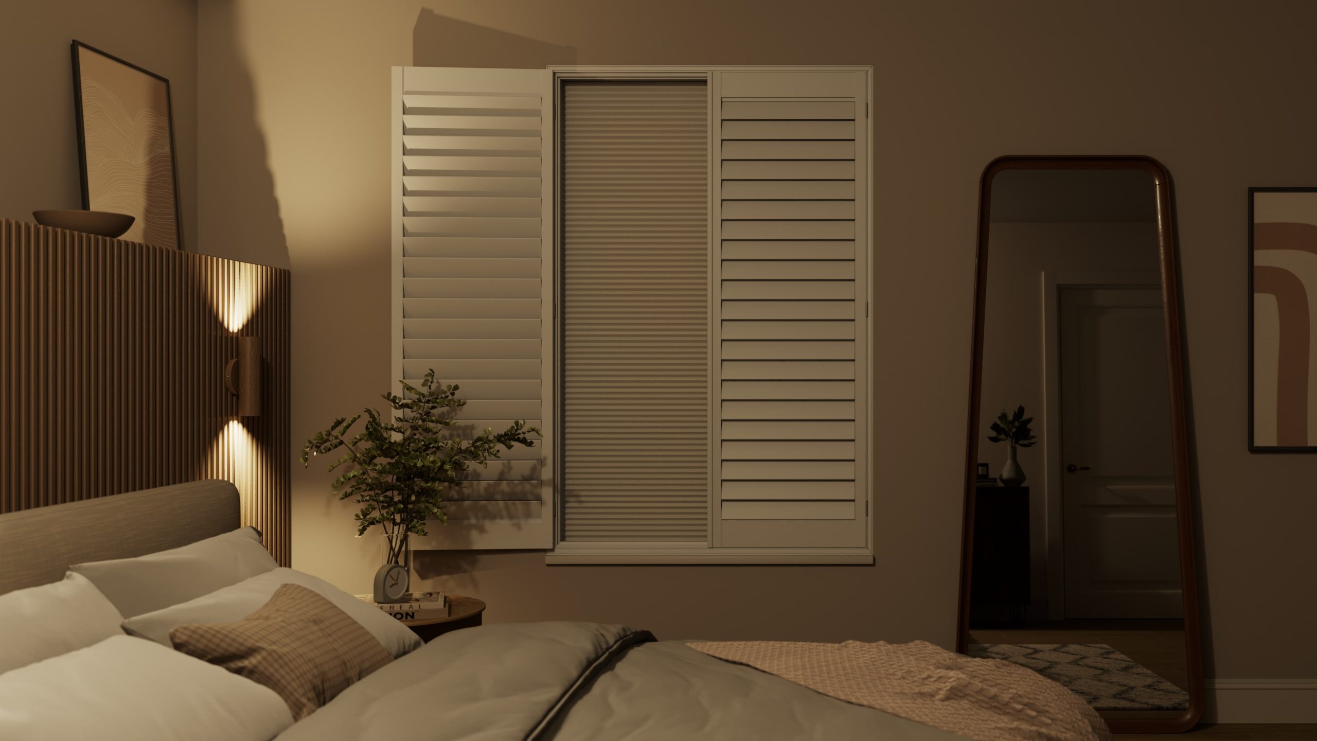 Bedroom, Integrated Blinds Closed, Traffic White, 76mm Slats Bedroom, Integrated Blinds Closed, Traffic White, 76mm Slats