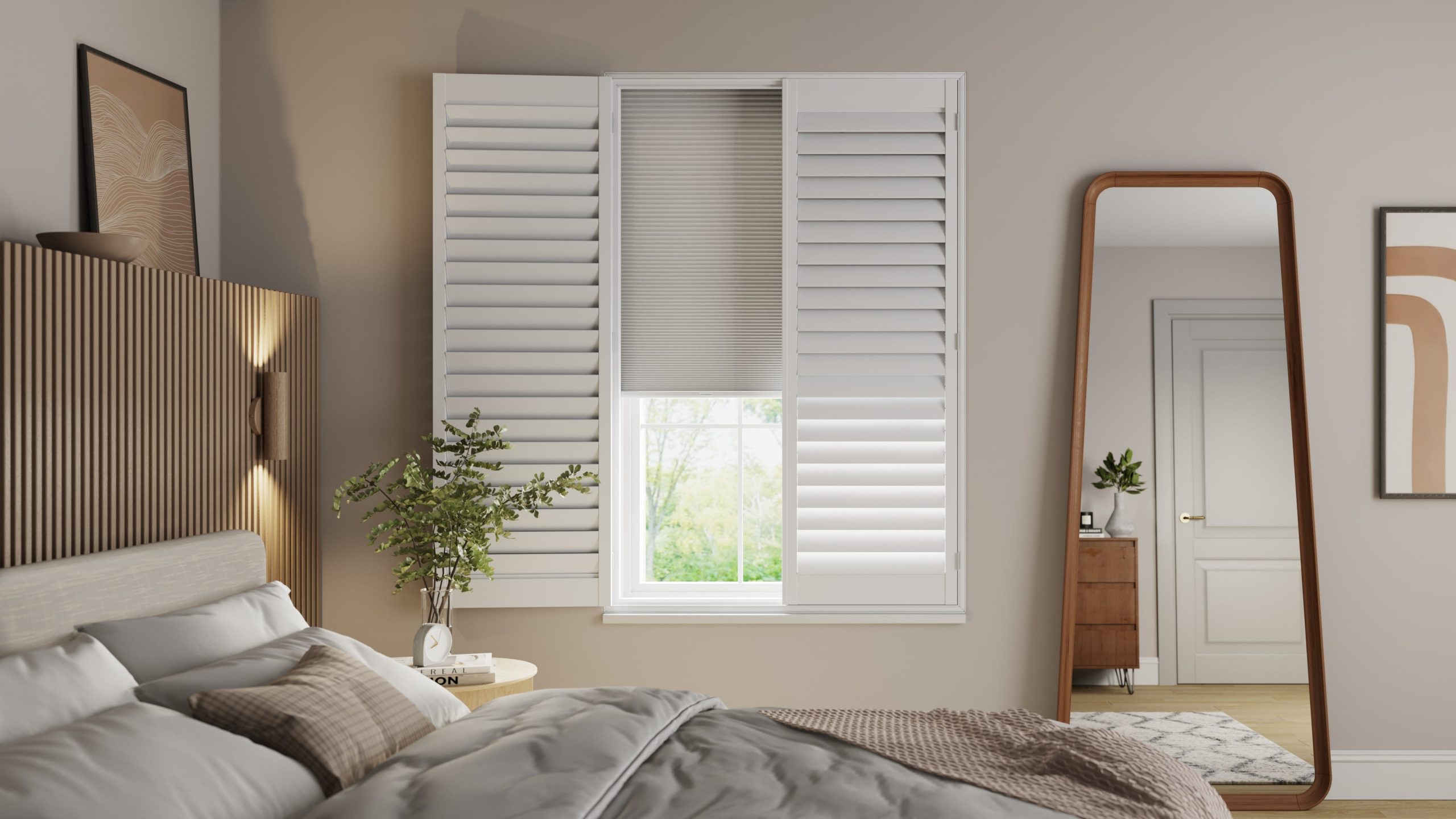 Bedroom, Integrated Blinds Half Closed, Traffic White, 76mm Slats Bedroom, Integrated Blinds Half Closed, Traffic White, 76mm Slats
