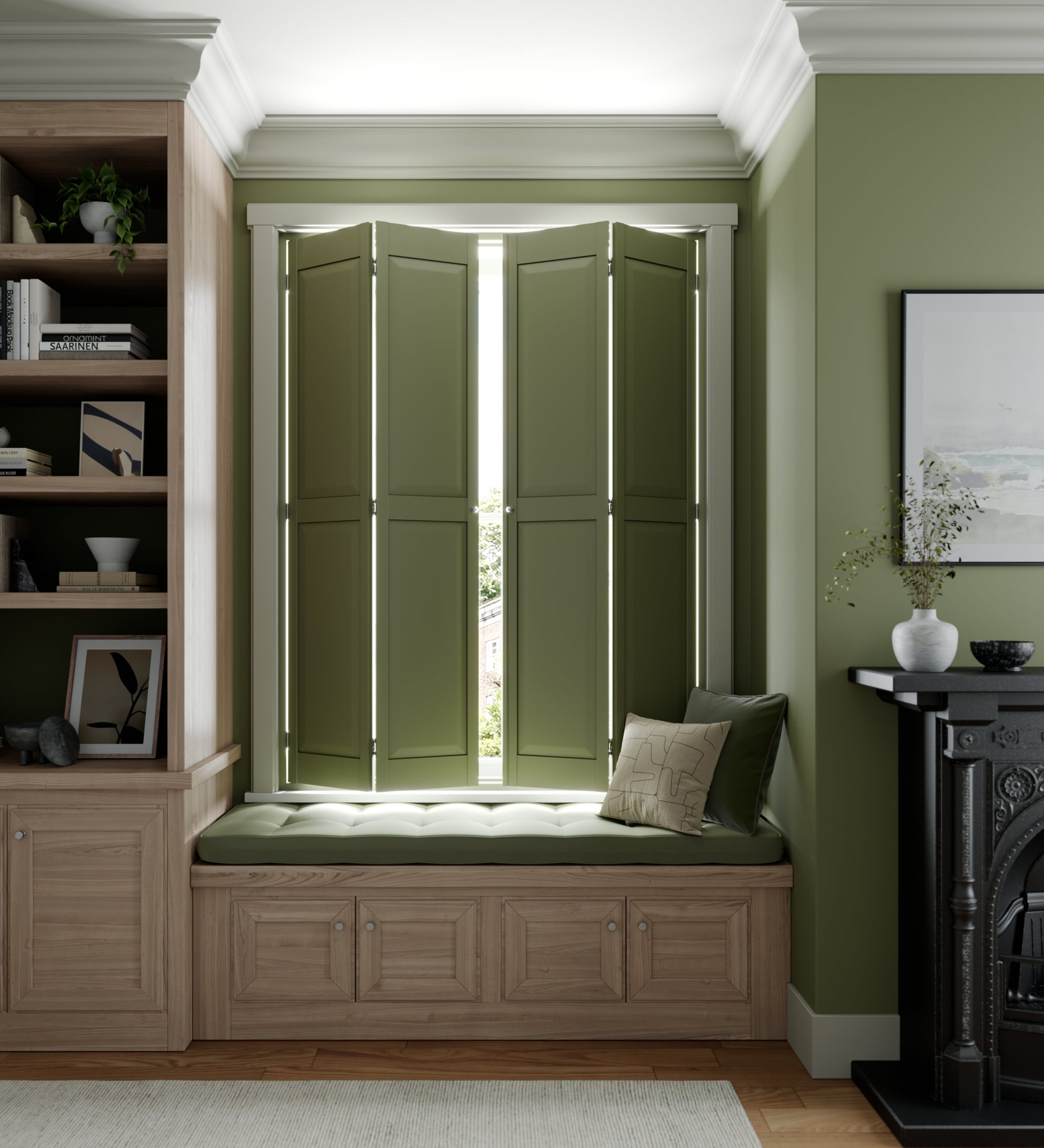 Window Seat, Solid Raised, Custom Colour-min (1) Cafe style shutters, custom colour-min