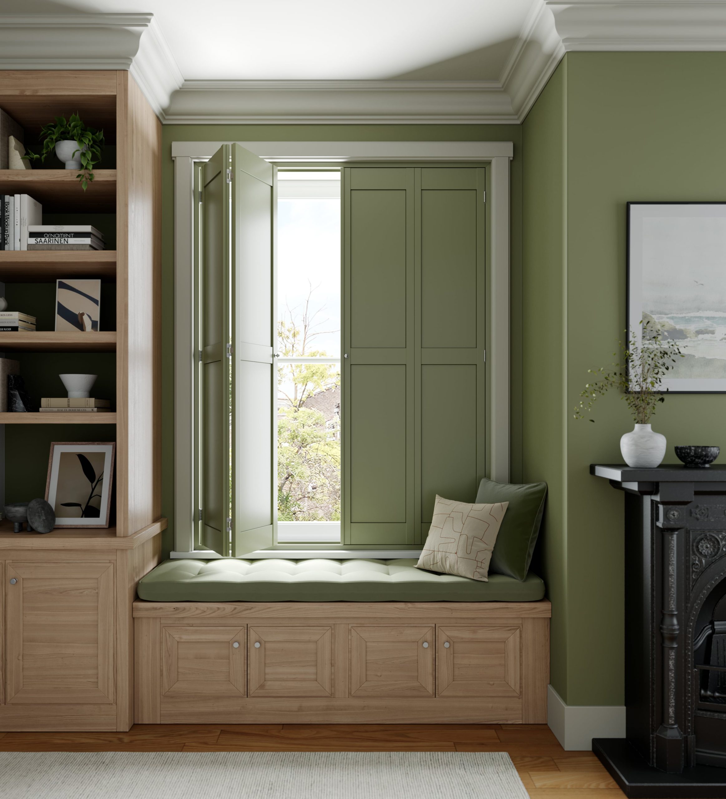 Window Seat, Solid Shaker, Custom Colour-min (1) Cafe style shutters. Slats open, custom colour-min